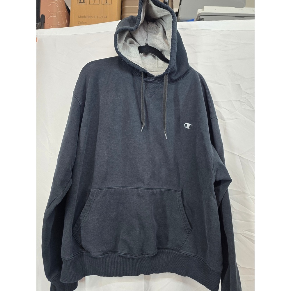 Champion Mens XL Navy Blue Pullover Hoodie Grey Lined‎ Hood Embroidered Logo